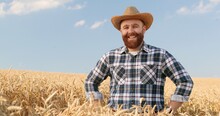 Portrait Of Happy Caucasian Male Cultivator Smiling While Standing In Golden Field And Putting On His Hat. Joyful Handsome Man In Good Mood Posing In Countryside. Agriculture Concept