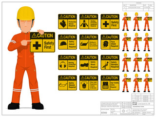 Set of industrial worker is presenting warning sign on white background