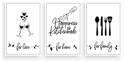 Wall Mural - Happiness is kitchen made, for love, for home, for family, vector. Scandinavian minimalist wall art design. Three pieces poster design. Fork, spoon and wine glass illustration. Wall artwork