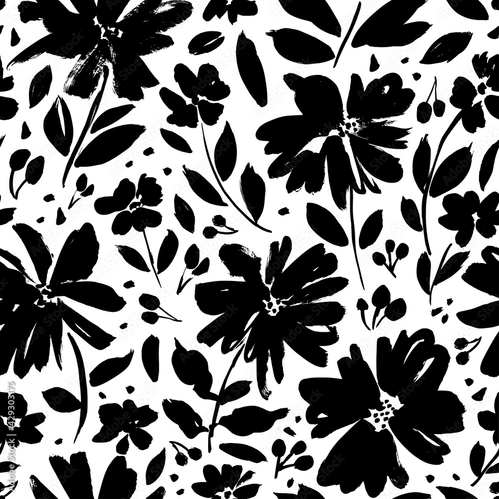 Brush flower vector seamless pattern. Hand drawn botanical ink ...
