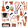 Hand drawn set of different types musical instrument, guitar, saxophone. Doodle sketch style. Isolated vector illustration for music shop icon, musical instrument store, music course, background