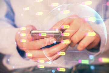 Multi exposure of man's hand holding and using a digital device and data theme drawing. Innovation concept.