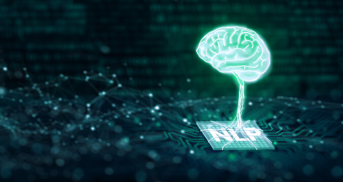 Wall Mural -  - Brain on CPU. Computer mainboard with Binary. Ai, Machine learning, and NLP Natural Language Processing cognitive computing technology concept. 3D Render.