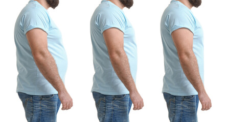 Wall Mural - Man before and after weight loss on white background, collage