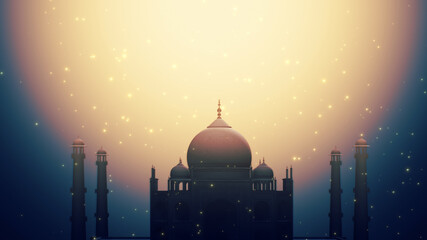 Wall Mural - Ramadan Kareem Silhouette Soft Background. Silhouette of Taj Mahal with particle glitter glow and crescent moon on soft background.