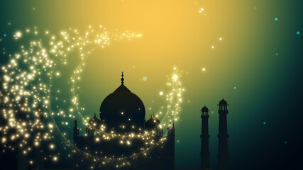 Wall Mural - Ramadan Kareem Silhouette Soft Background. Silhouette of Taj Mahal with particle glitter glow and crescent moon on soft background.