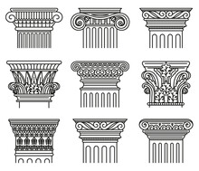 Ancient Greek Capitals. Architectural Orders, Ionic And Doric Antique Classical Capitals Isolated Vector Illustration Set. Greek And Roman Engraved Pillar Orders