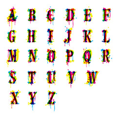 Sticker - An abstract font imitating a leaked printer. Alphabet CMYK vector.