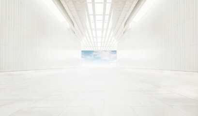 Poster - Clean, bright and simple exhibition space, outside the French window is blue sky and white clouds.