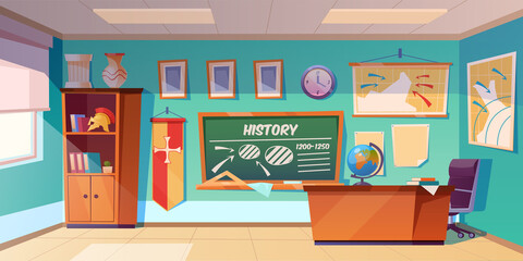 classroom of history empty interior, school class room with teacher table, green blackboard with sch