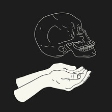 A Human Skull In A Man's Hands, Isolated On Black. Shakespeare's Hamlet Scene At The Grave Of Yorick. Poor Yorick.