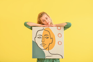 Poster - Fashionable young woman with picture on color background