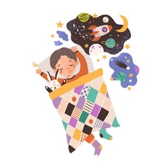 Poster - Sweet little boy sleeping with rabbit plush toy under blanket in bed. Child's happy night dreams about space, galaxies and rockets. Colored flat vector illustration isolated on white background