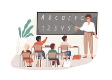 Young Teacher With Pointer At Chalkboard In Classroom. Elementary School Children Studying In Class Room. Colored Flat Vector Illustration Of Pedagogue And Pupils Isolated On White Background