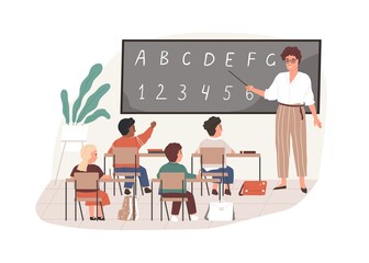 Poster - Young teacher with pointer at chalkboard in classroom. Elementary school children studying in class room. Colored flat vector illustration of pedagogue and pupils isolated on white background