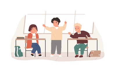 Poster - School children talking in classroom during break. Boy telling story to his friends. Happy schoolchildren chatting. Colored flat vector illustration of classmates isolated on white background