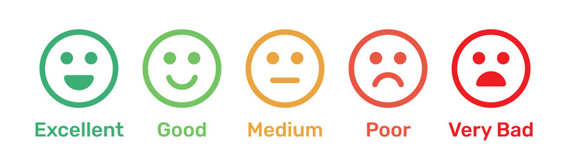 satisfaction rating. feedback scale with emoticon faces, bad to good user experience vector illustra