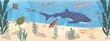 Underwater life of fishes at sea bottom. Wild animals swimming under water. Undersea landscape with exotic habitats and seaweeds. Seascape with marine inhabitants. Colored flat vector illustration