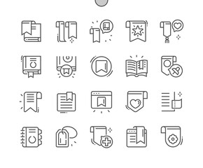 Poster - Bookmark. Saved link. Book, reading, literature, tag, ribbon, label and sticker. Diary with bookmarks. Pixel Perfect Vector Thin Line Icons. Simple Minimal Pictogram