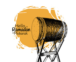 Canvas Print - Ramadan Mubarak illustration with traditional drum hand drawn on white background