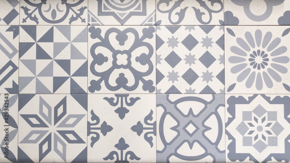 abstract grey tile Floral Mosaic portuguese Pattern azulejo design for ...