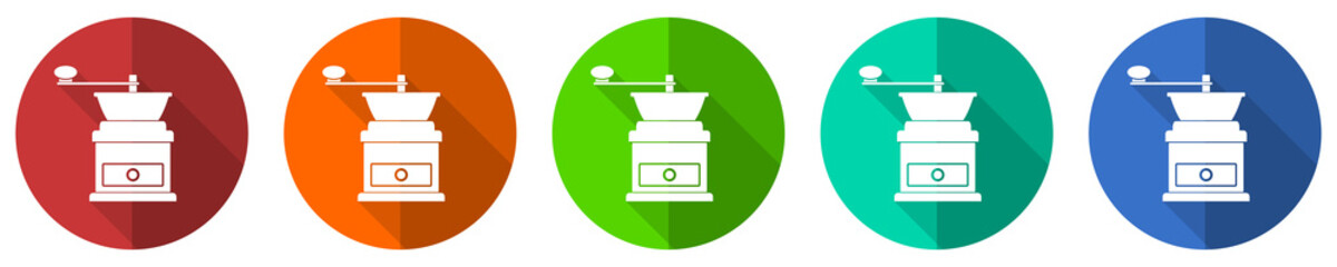 Aufkleber - Retro coffee grinder icon set, flat design vector illustration in 5 colors options for webdesign and mobile applications