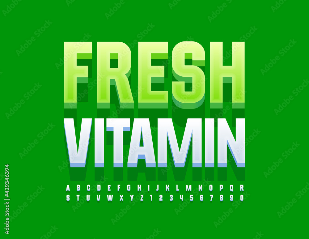 Vector modern concept Fresh Vitamins. 3D White Font. Stylish Alphabet Letters and Numbers set - obrazy, fototapety, plakaty 