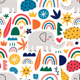 Elephant seamless pattern with abstract shapes, rainbows and floral elements. Hand drawn Scandinavian style vector illustrattion.