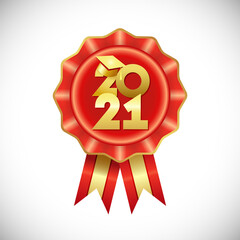 class of 2021 year graduation badge, awards concept. shiny digits, happy holiday rosette. isolated a