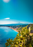 Fototapeta  - Natural scenery  of Mt. Etna and the coast in Taormina, Sicily. Cactus plant in the foreground, vertical image 