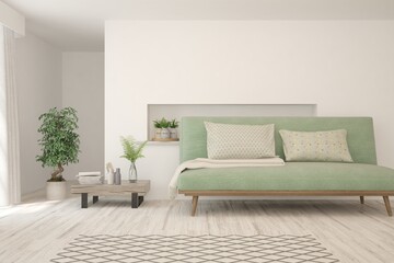 Soft color living room with sofa. Scandinavian interior design. 3D illustration