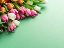 Colorful Tulip Bouquet On Green Background.