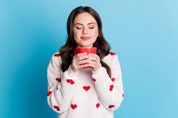 Sticker - Photo of shiny sweet young lady wear hearts print sweater drinking coffee enjoying aroma isolated blue color background