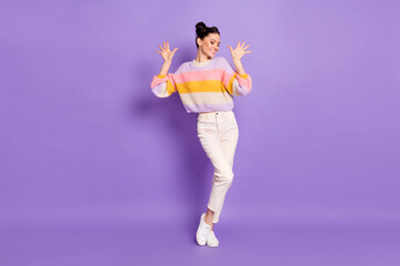 Poster - Full length body size view of charming skinny cheerful girl moving dancing isolated on bright violet purple color background