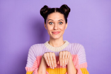 Poster - Portrait of attractive cheerful funny girl holding hands like paws having fun isolated on bright violet purple color background