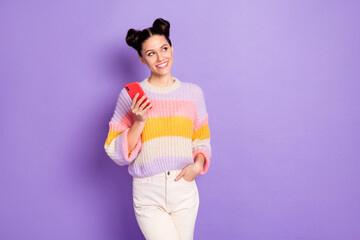 Poster - Portrait of attractive curious cheerful girl using gadget blogging copy space isolated on bright violet purple color background