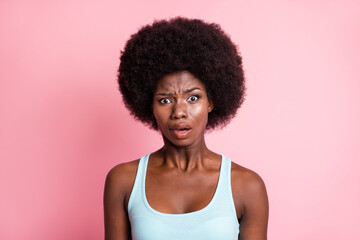 Sticker - Portrait of stressed brunette curly lady wear blue top isolated on pink color background