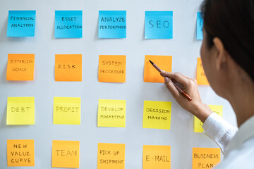 Poster - Young creative business people use note on board to share idea, Analysis data chart and graph with planning strategy thinking in office
