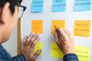 Poster - Young creative business people use note on board to share idea, Analysis data chart and graph with planning strategy thinking in office
