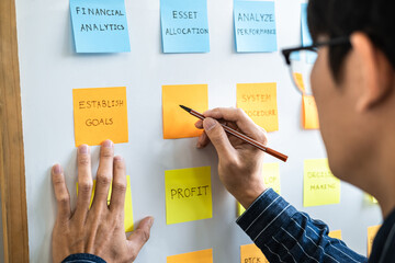 Poster - Young creative business people use note on board to share idea, Analysis data chart and graph with planning strategy thinking in office