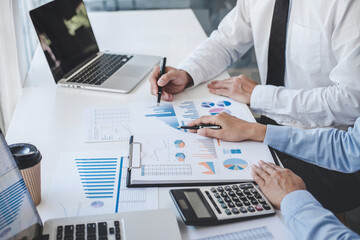 Poster - Teamwork of business colleagues consultation market growth on financial document graph report statistics, professional occupation working analyzing investment project to development grow to success
