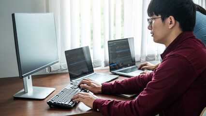 Aufkleber - Team of asian programmer working together about new project to brainstorm and programming