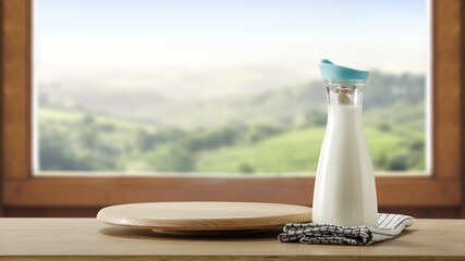 Poster - Bottle of fresh milk and window in home interior 