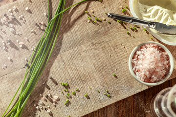 Poster - Sandwiches on a wooden board with white cheese and chives