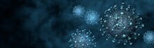 2021 Coronavirus Pandemic Banner. Microscopic View Of A Infectious Virus. Contagion And Propagation Of A Disease. 3D Rendering