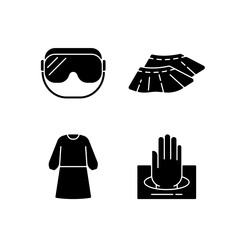 Sticker - Disposable medical wear black glyph icons set on white space. Protective goggles. Shoe covers. Doctor uniform. Quarantine safety. Disposable PPE. Silhouette symbols. Vector isolated illustration