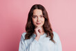 © Tetiana - Beautiful thoughtful woman think finger chin look camera smile isolated on pink background
