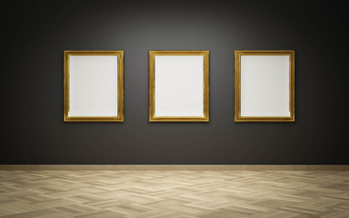 Poster - empty golden picture frames with blank canvas on black wall in art gallery exhibition 3d render illustration mock up template