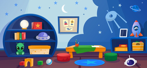 kindergarten playroom with games, toys, in cosmos style. elementary school class with table for stud