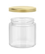 Open glass jar with golden cap, isolated on white background